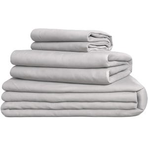 May include: A set of folded, light grey bed sheets. The sheets are stacked, with the top set folded into a neat bundle. The fabric looks soft and smooth, suggesting a comfortable bedding set. The neutral colour makes it suitable for various bedroom decor styles.