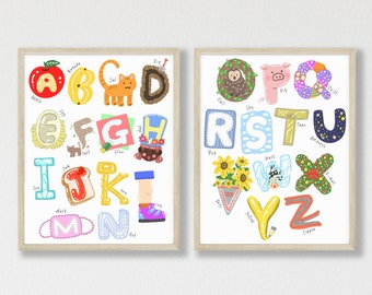 ABC Alphabet Posters: Set of 2 for Educational Nursery Wall Art, 16x20, 11x14, 8x10, A3, A4