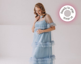 IN STOCK, light blue tulle midi dress, pregnancy dress, tulle midi dress, wedding guest dress, evening gown