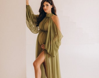 Maternity dress for photoshoot, maternity photoshoot, chiffon green dress, green floor length dress, sage green maternity dress