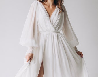 Bridal Simple Wedding Chiffon Dress Long Sleeve • Bohemian Unique Puff Sleeve Dress • Boho White Bridesmaid dress • Plus Size Wedding Dress