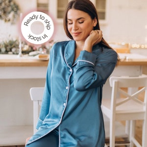 Satin pajama set, satin long sleeve pajama set, silk pajama set, silk pajama set women, pajama silk, plus size silk pajama IN STOCK SIZE M