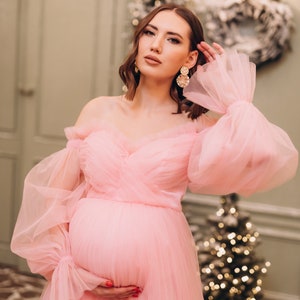 Baby Shower Puffy Sleeve Off Shoulder Dress Maternity Blush Wedding Romantic Dress For Photo Shoot Bridesmaid Dress Style ABIGAIL imagem 1