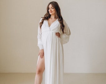 Bishop Long Sleeve Plus Size Photoshoot Dress • Bohemian Unique Chiffon Shoot Dress • Minimalist Flowy Simple Plus Size White Dress - Adelle