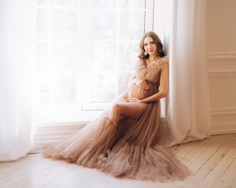 IN STOCK UA Tulle Sheer Maternity Dress For Photo Shoot • Brown Boudoir Blush Tulle Photoshoot Gown • Ruffle Boudoir Robe Dress • Charlotte