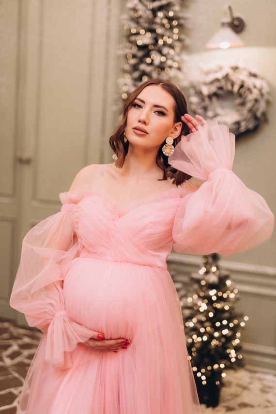 Lace Mesh Overlay Maternity Dress | Pink Maternity Dress