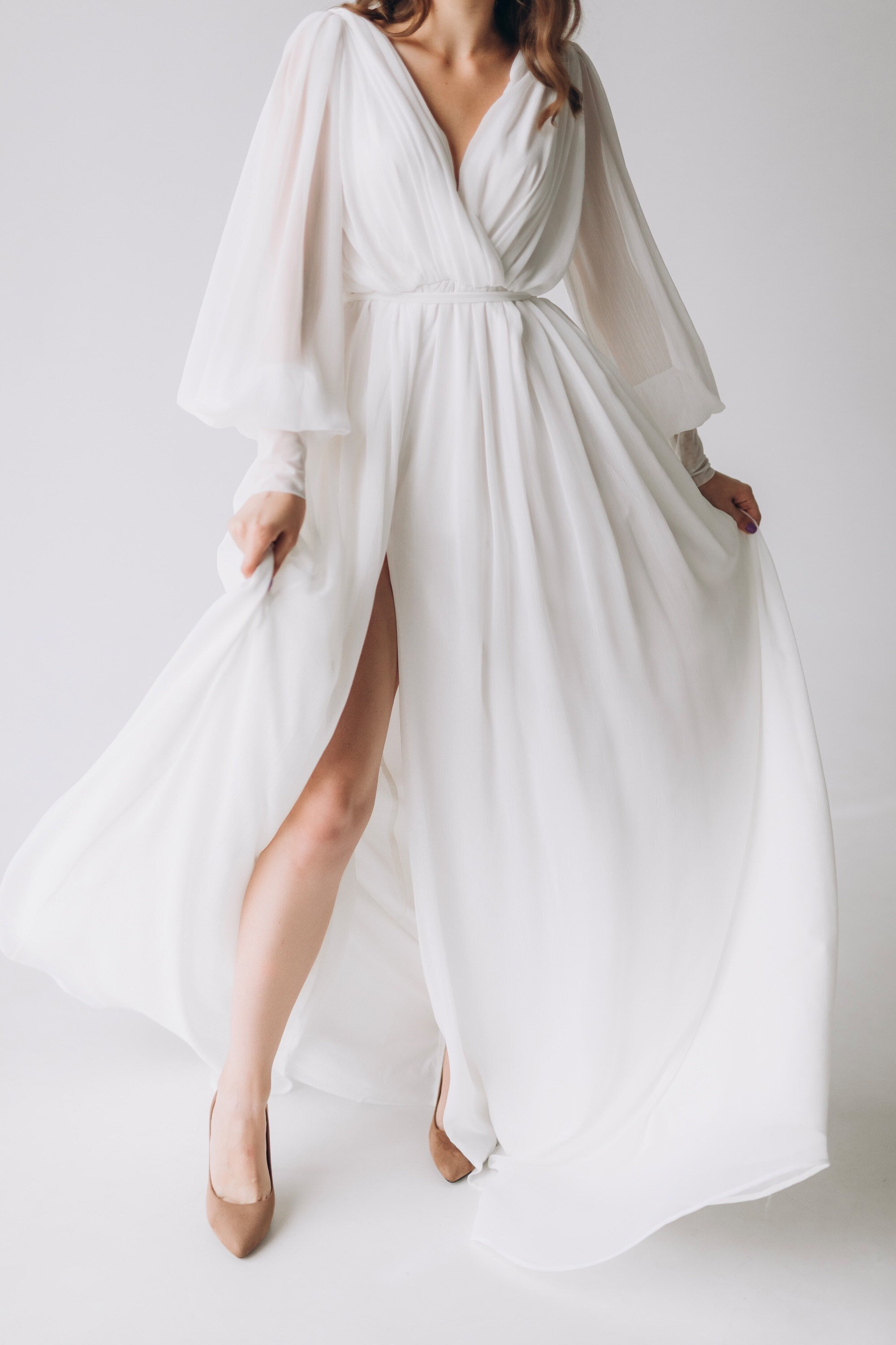Bridal Simple Wedding Chiffon Dress Long Sleeve Bohemian Unique Puff Sleeve Dress Boho White Bridesmaid Dress Plus Size Wedding Dress Etsy