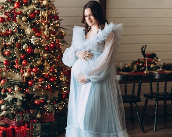 Baby-Dusche blaues Kleid, Umstandskleid für Baby, Kleid für Mama, himmelblaues Tüllkleid, hellblaues Kleid, poofy Ärmelkleid, Tutu-Kleid