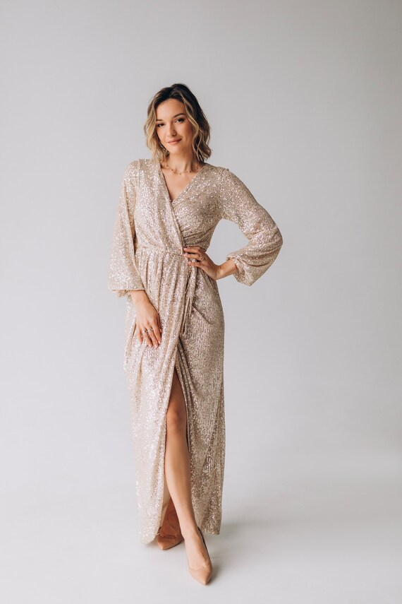 Sequin Wrap Evening Dress Gold Cocktail 