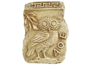 Athenian owl relief – Greek wall art inspired by the holy bird of Goddess Athena, piece of wisdom and prudence for office or study decor