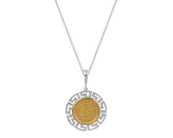 Phaistos Disc & Greek Key Meander Pendant –Dual Symbol Minoan-inspired Ancient Greek Jewel with Mysterious Spiral Scrip,Sterling Siver jewel