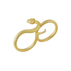 May include: A gold snake ring with two bands that can be worn on two fingers.