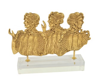 Ladies in Blue Fragment – Handmade Minoan Art from Knossos Palace, Ancient Greek Bronze Decor Sculpture, Ancient Crete Fresco Artwork