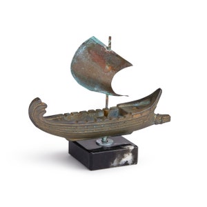 Ancient Greek Warship Small Trireme Boat on a Marble Base – Ancient Maritime Warfare, Classical Naval History, Greek Ship Replica