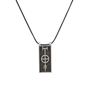 May include: A silver pendant necklace with a black cord. The pendant is rectangular and features a stylized symbol with a circle and cross.