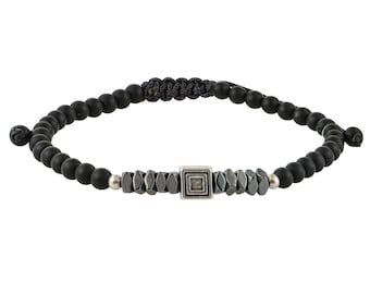 Men's Square Adjustable Bracelet – Hematite & Onyx Bracelet, Geometrical Symbol, Inspired by Ancient Greek Symbols