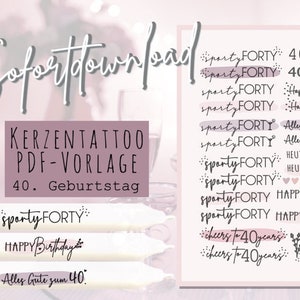 Modelo de pdf de 40 anos, vela de tatuagem, adesivo de velas, redondo, feliz aniversário, esportivo, quarenta velas, flores, felicidades