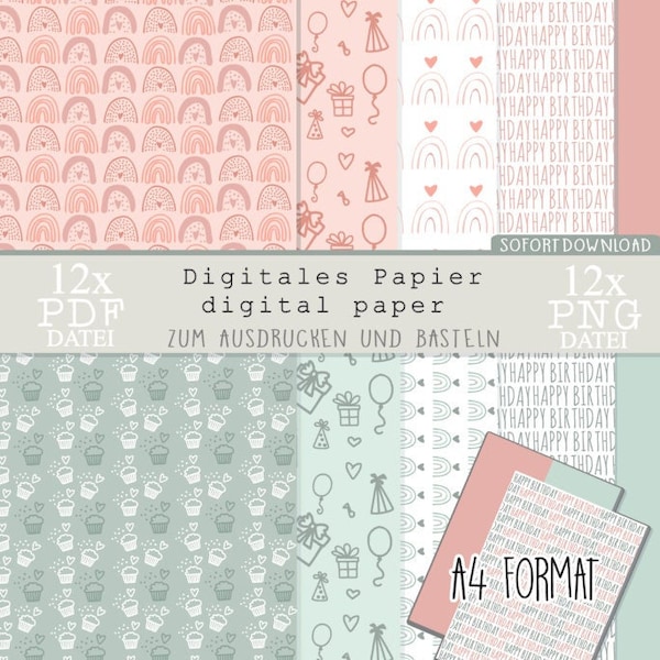 Digitales Papier Sofortdownload, digital paper download, digitales Papier Geburtstag, digital paper Happy Birthday, cupcake rainbow birthday