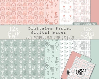 Digitales Papier Sofortdownload, digital paper download, digitales Papier Geburtstag, digital paper Happy Birthday, cupcake rainbow birthday