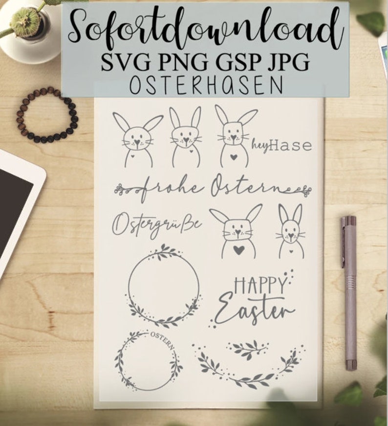 Pode incluir: Um conjunto de 10 ilustra&ccedil;&otilde;es de coelhos da P&aacute;scoa e coroas em preto e branco. As ilustra&ccedil;&otilde;es incluem coelhos com cora&ccedil;&otilde;es, coroas com folhas e o texto "Feliz P&aacute;scoa", "Ostergr&uuml;&szlig;e", "Frohe Ostern" e "Hey Hase".