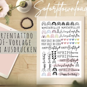 Geburtstag PDF Vorlage Kerzentattoo Kerzensticker Kerzen Hip Hip Hurra Happy Birthday Wunscherfüller Regenbogen Kerze Blumen