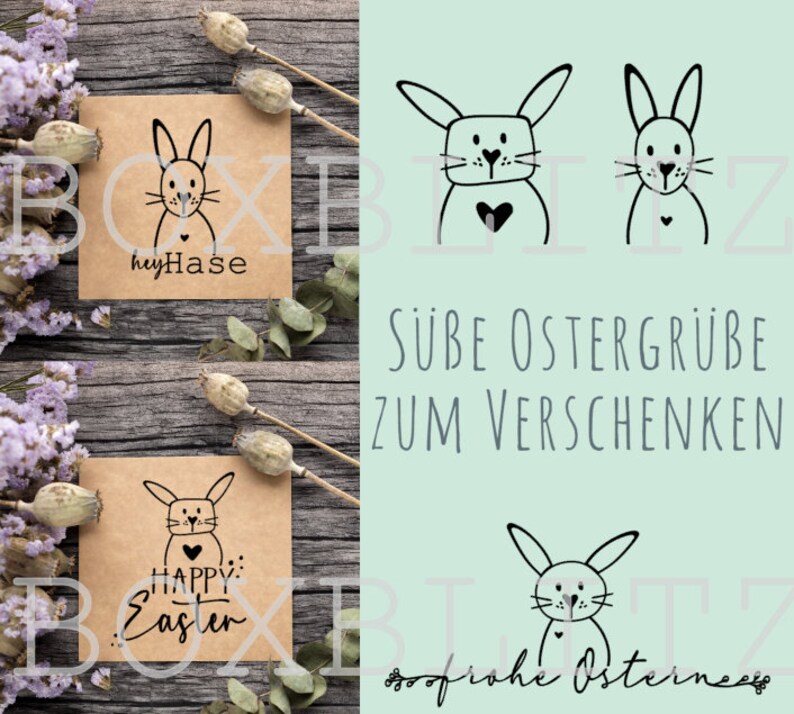 Pode incluir: Dois cart&otilde;es marrons com ilustra&ccedil;&otilde;es de coelhos e sauda&ccedil;&otilde;es de P&aacute;scoa. O cart&atilde;o superior diz "heyHase" e o cart&atilde;o inferior diz "HAPPY Easter".