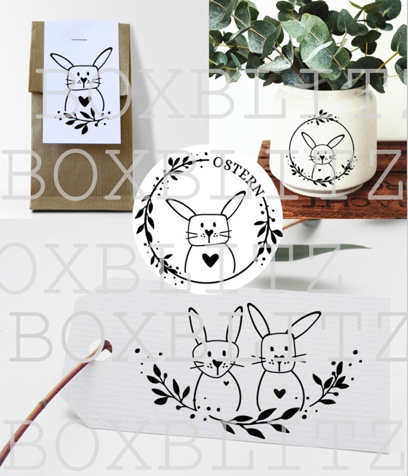 Pode incluir: Um conjunto de tr&ecirc;s carimbos de borracha preto e branco com coelhos com cora&ccedil;&otilde;es e grinaldas florais. Os carimbos s&atilde;o projetados para projetos de artesanato e scrapbooking. Os carimbos s&atilde;o etiquetados com "Ostern", que &eacute; alem&atilde;o para P&aacute;scoa.