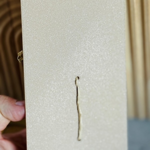 Puede incluir: Un art&iacute;culo rectangular de color beige claro con una superficie texturizada y una ranura vertical, estrecha y empotrada. El art&iacute;culo tiene esquinas redondeadas y un peque&ntilde;o cierre dorado en el lateral. El fondo es una superficie de madera marr&oacute;n claro.