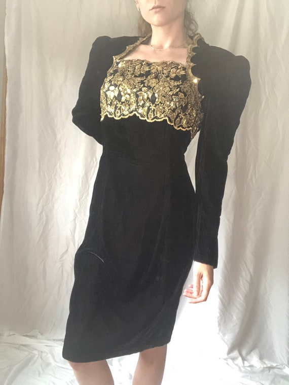 80s Vintage Gold and Black Dress - Gem