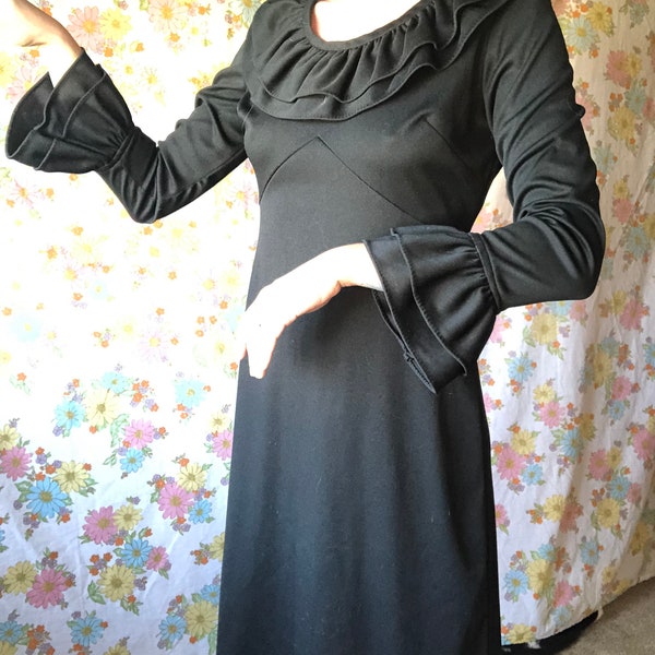 70s Black Ruffle Dress