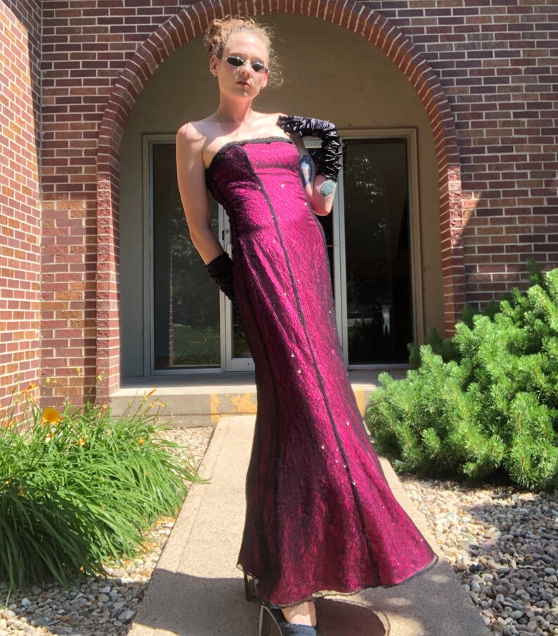 Y2K Pink & Black Lace Sparkly Prom/Formal Dress | Etsy