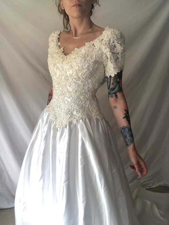CHRISTOS Vintage 1980s wedding dress, custom white raw silk beaded basque waist gown
