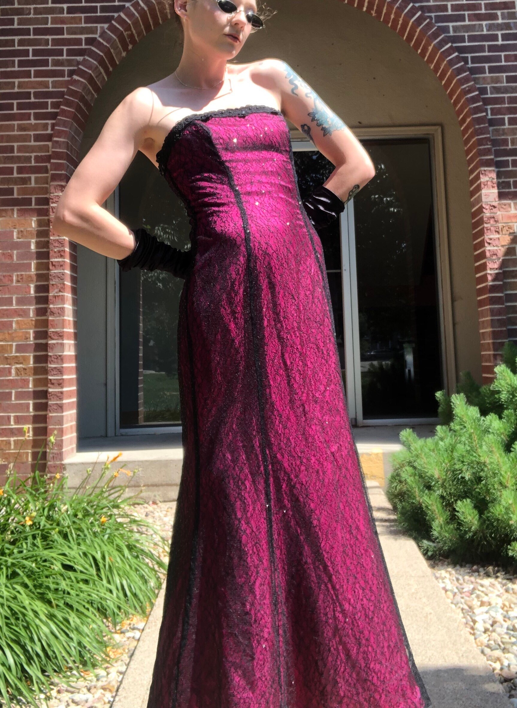 Y2K Pink & Black Lace Sparkly Prom/Formal Dress | Etsy