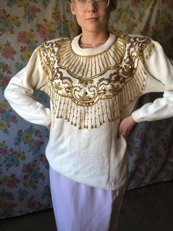 80s Gold Beaded Sweater