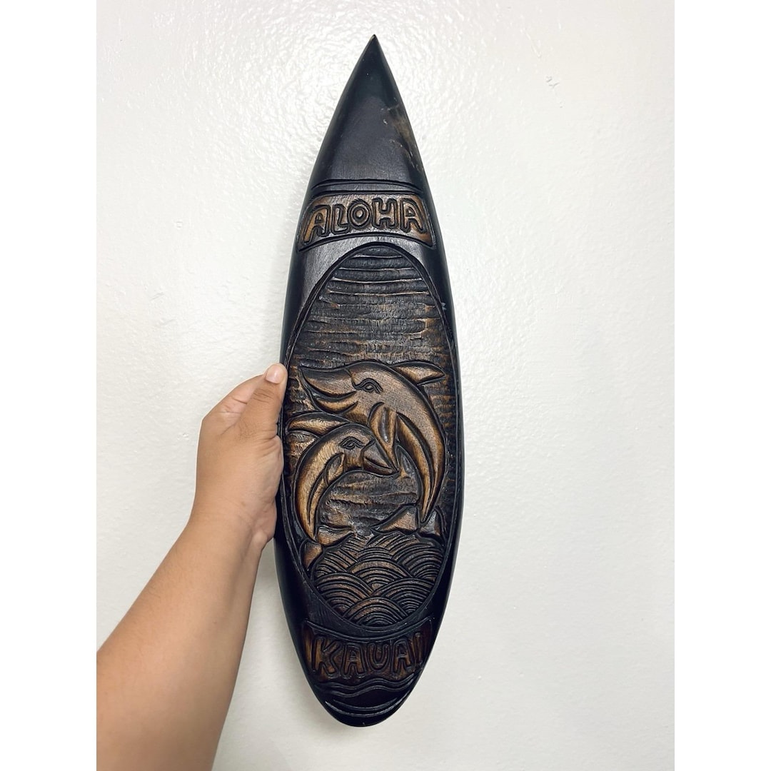 Hawaii Hand Carved Wood Wall Surfboard Dolphin, Seascape Aloha Kauai 20 ...
