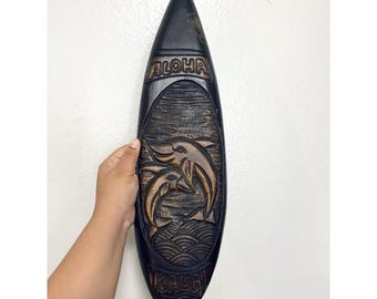 Hawaii Hand Carved Wood Wall Surfboard Dolphin, Seascape Aloha Kauai 20 Inches