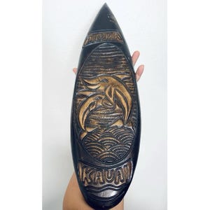 Hawaii Hand Carved Wood Wall Surfboard Dolphin, Seascape Aloha Kauai 20 ...