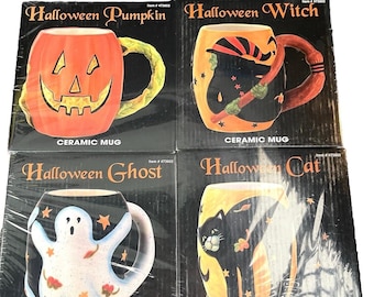 Susan Winget Set of 4 Halloween Pumpkin Witch Cat Ghost Ceramic 22 oz Mugs