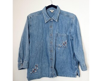 Vintage Christopher & Banks Embroidered Denim Shirt Jacket Size Large
