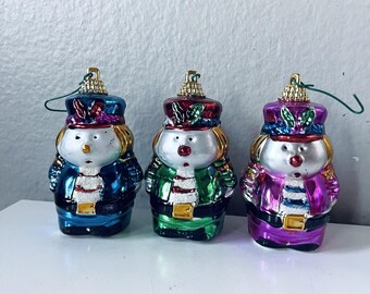 Christmas Ornaments Snowman Soldier Hand Blown Glass Vintage Lot Of 3