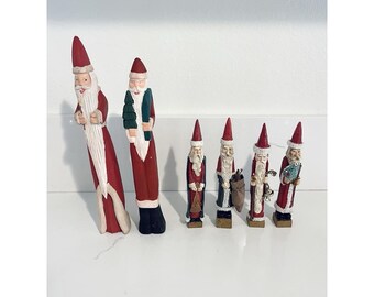 Folk Art hand-carved and painted wooden "pencil" Santa Claus VTG figurines LOT