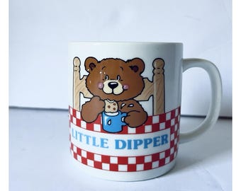 VTG Little Dipper Kids Cup Mug Bear Red & White Check Dipping Cookies in Milk
