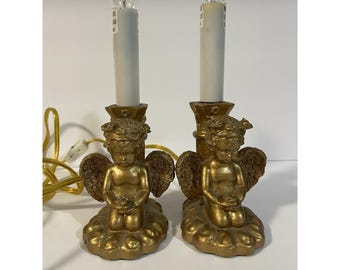 2 Vintage Angel Cherub Electric Candle Lamps Gold Tone Working
