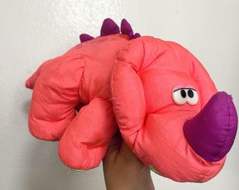 1992 Fisher Price Puffalump 15" Orange Dinosaur Triceratops Squeak Toy Plush