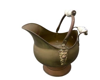 VTG Copper Brass Coal Scuttle Bucket Lion Head Porcelain Blue White Handles