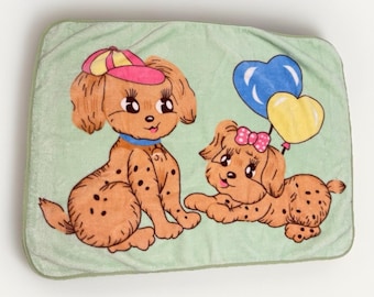 Manta de bebé de visón vintage, peluche de cachorro verde menta, 38 x 55, rara