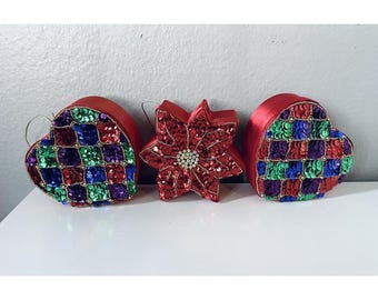 3 Vintage Beaded Sequined Felt Christmas Jewelry/Ornaments With Loop For Hanging