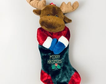 Vintage Christmas Stocking Prima Creations 20" Plush Moose 3D Merry Krismoose