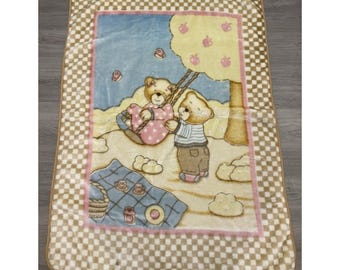 Vintage Teddy Bears Plush Edredonna Spanish Baby Blanket Swinging Warm
