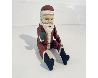 Vintage Folk Art Articulated Wood Santa Shelf Sitter 9.5 Inches